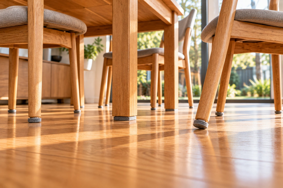 Dining table and chair legs fitted with felt pads on a sunlit timber floor with no rug