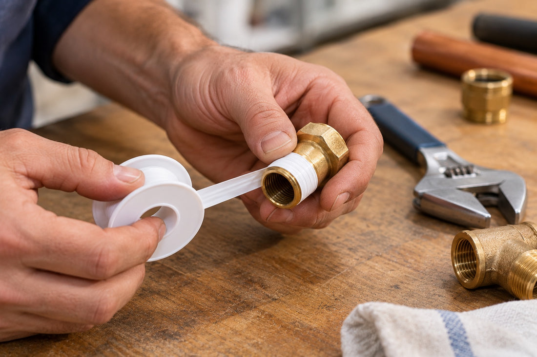 Hands wrapping white thread seal tape around the thread of a brass fitting