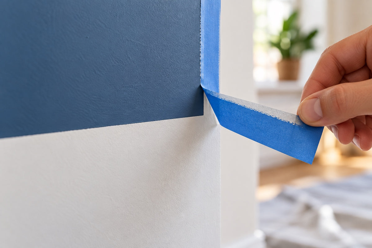 A hand peeling blue masking tape from a freshly painted wall to leave a crisp paint line
