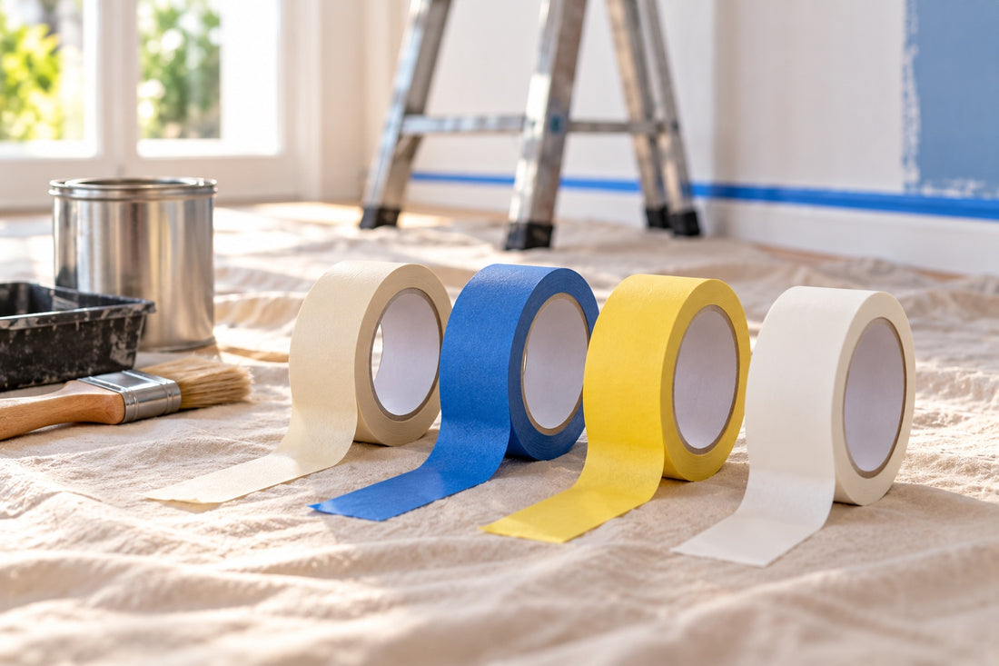 Rolls of beige, blue, yellow and white masking tape on a painter's drop sheet