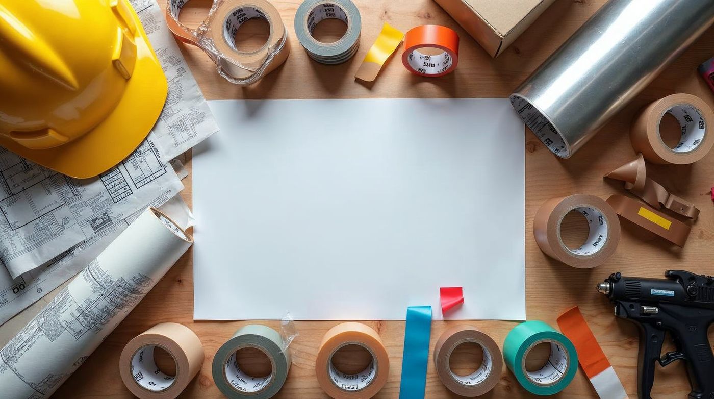 Adhesive tapes for every trade — hard hat, blueprints, packaging, foil and craft tapes on a workbench